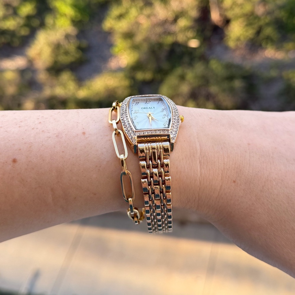 Luxury Gold Panther-Style Watch | Crystal Bezel Rectangular Face - Picture 7 of 7